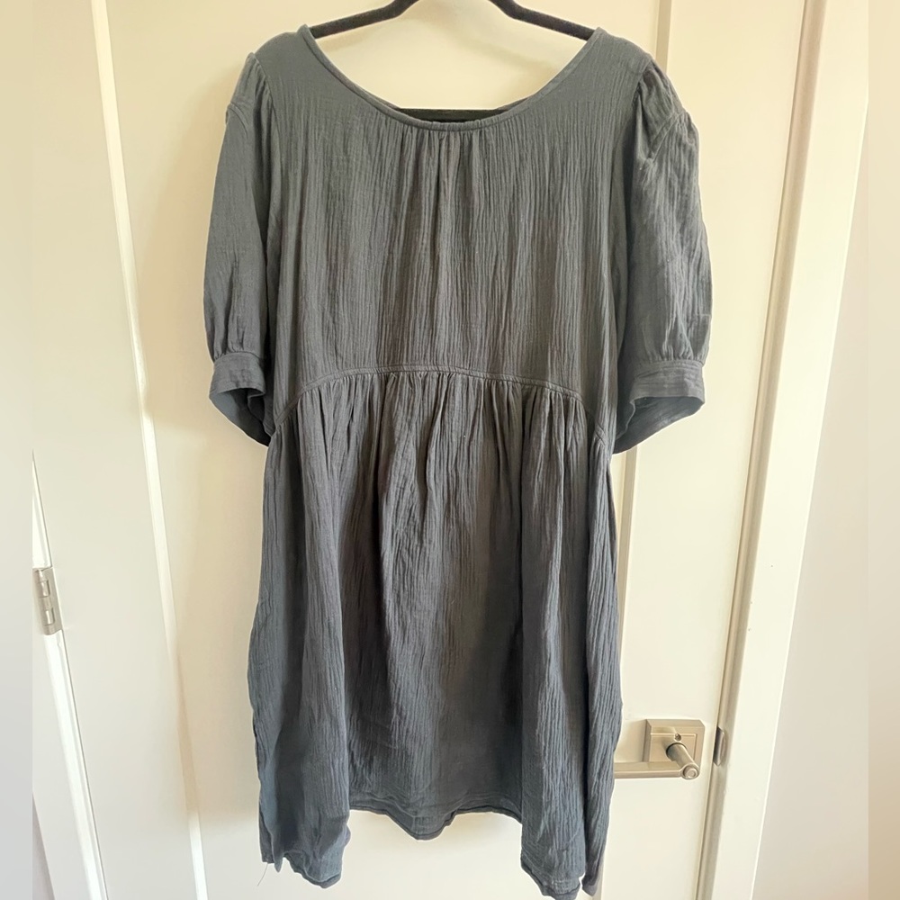 Grey Ruffle Cotton Dress with Pockets
